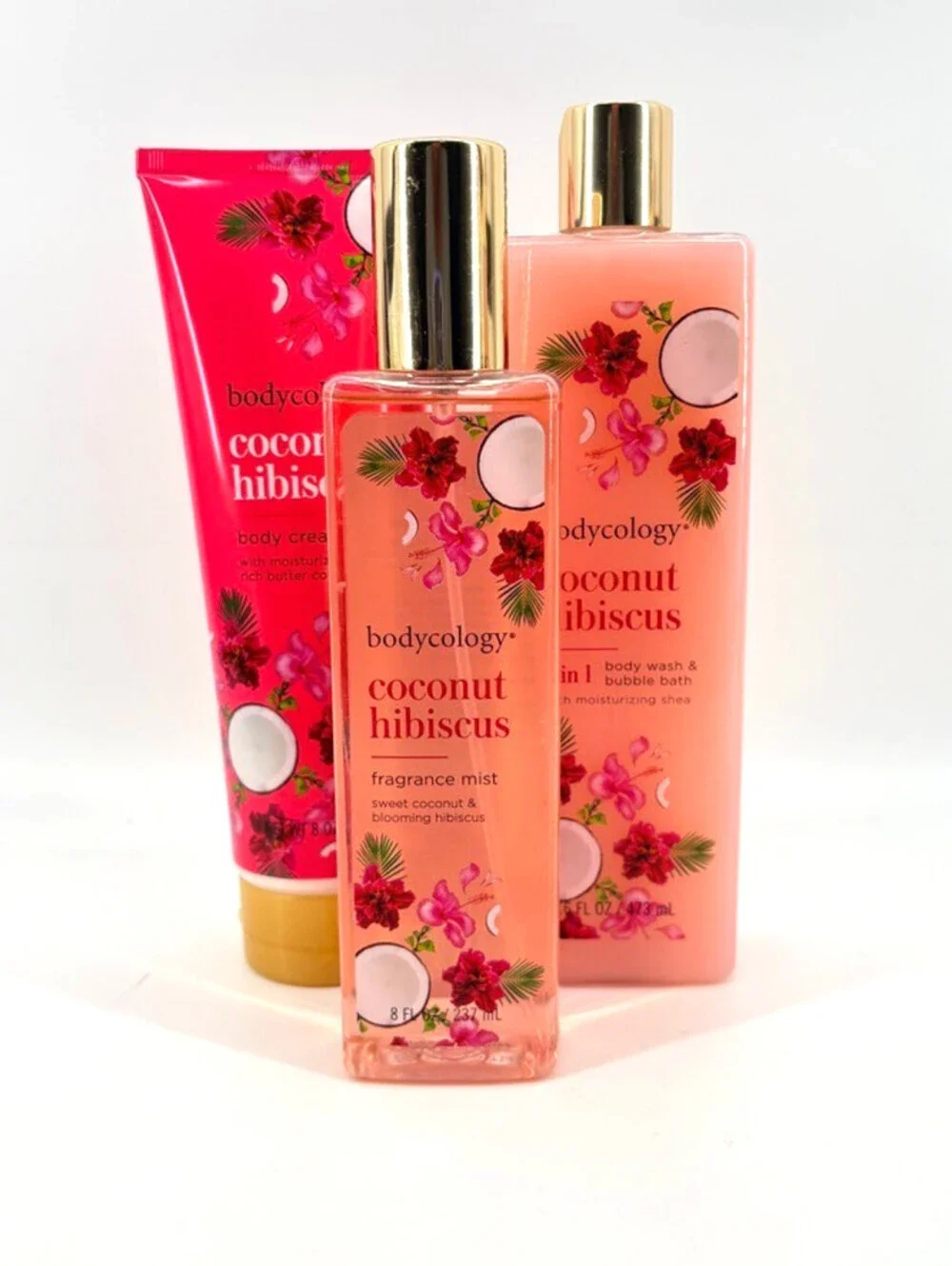 New Bodycology 3 Piece Set Mist Body Wash Body Cream Coconut Hibiscus